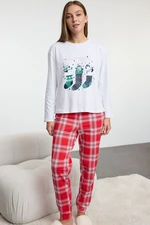 Trendyol White-Multicolored 100% Cotton Christmas Themed Plaid Knitted Pajama Set