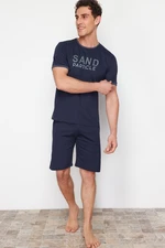 Trendyol Navy Blue Crew Neck Regular Fit Pajama Set with Knitted Shorts