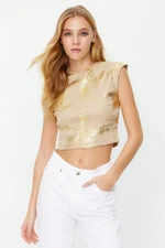 Trendyol Stone Foil/Glossy Print Fitted Crop Cotton Stretch Knitted Blouse