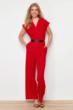 Trendyol Red Belted Double Breasted Collar Wide Leg Woven Jumpsuit