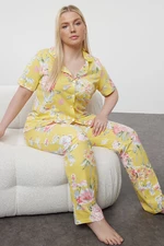 Trendyol Curve Yellow Flower Patterned Shirt Collar Knitted Pajama Set