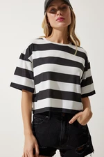 Happiness İstanbul Women's White Black Crew Neck Striped Crop Knitted T-Shirt