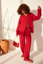 Trendyol Red 100% Linen Pocket Detailed High Waist Wide Leg Trousers