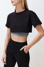 Trendyol Black Gray Melange 2-Layer Reflector Print Detailed Crop Knitted Sports T-Shirt