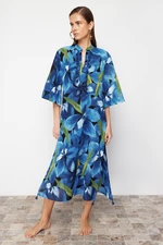 Trendyol Blue-Green Floral Patterned Maxi Woven Kimono&Kaftan
