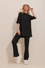 Trend Alaçatı Stili Women's Black Crew Neck Double Sided Sleeves Slit Trousers Suit