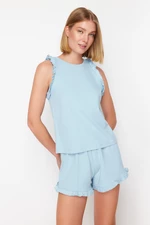 Trendyol Blue 100% Cotton Ruffle Detailed Undershirt-Shorts Knitted Pajama Set