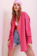 Trend Alaçatı Stili Dámská fuchsiová oversized dlouhá tkaná košile