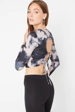 Trendyol Black Tie Dye Printed Knitted Blouse with Decollete Fitted/Sticky Crop