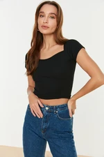 Trendyol Black Fitted/Situated Square Neck Crop Corduroy Knitted Stretch Blouse