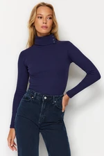 Trendyol Indigo Corduroy Asymmetrical Collar Detail Fitted/Slip-On Knitted Blouse