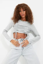 Trendyol Gray Shirring Detail Fitted Crop Crew Neck Ribbed Cotton Stretch Knitted Blouse