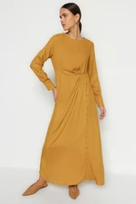 Trendyol Camel Waist 100% Viscose Woven Dress with Shirred Fabric Covered Button Detailed