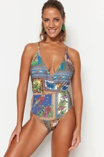 Trendyol Tropical Patterned Double Breasted Regular Leg Swimsuit