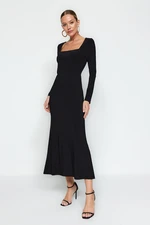 Trendyol Black Flounced Square Neck Fitted Maxi Stretchy Knitted Dress