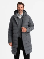 Ombre Men's long quilted jacket with lapels and lining - graphite