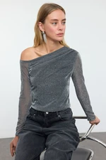 Trendyol Gray Asymmetric Collar Glittery Knitted Blouse