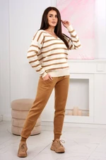 Sweater set Striped sweatshirt + Camel trousers + ecru