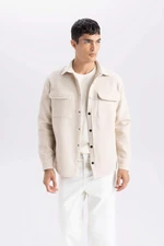 DEFACTO Men's Beige Regular Fit Regular Cut Polo Collar Acrylic Blend Plain Long Sleeve Shirt Jacket