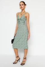 Trendyol Mint Polka Dot Print Crepe Knitted Midi Dress with Open Waist / Skater Straps