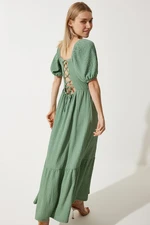 Happiness İstanbul Women's Green Heart Collar Textured Summer Knitted Dress