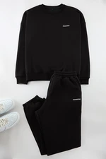 Trendyol Black Oversize/Wide Cut Text Printed Fleece/Warm Tracksuit