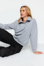 Trendyol Gray Thick Inside Fleece Zippered Oversize/Wide Fit Knitted Sweatshirt