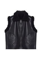 Trendyol Black Regular Fit Faux Leather Plush Detailed Winter Vest