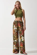 Happiness İstanbul Women's Khaki Yellow Patterned Flowing Viscose Palazzo Trousers