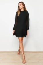 Trendyol Black A-Line Ruffle Detailed Stand Collar Mini Lined Chiffon Woven Winter Dress