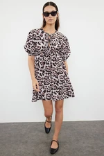 Trendyol Brown Animal Mini Bow Detail Leopard Patterned A-Line Mini Woven Dress