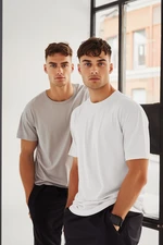 Trendyol Grey-White Basic Slim Fit/Slim Cut 100% Cotton 2-Pack Short Sleeve T-Shirt