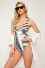 Trendyol Black-White V-Neck Collar Regular Swimsuit