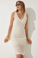 Happiness İstanbul Women's Cream V-Neck Summer Knitwear Dress