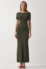 Happiness İstanbul Women's Khaki Low-cut Long Sandy Knitted Dress