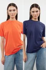 Trendyol Navy blue-red 2-pack 100% Cotton Basic Stand-up Collar Knitted T-Shirt