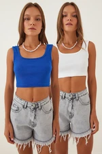 Happiness İstanbul Women's Dark Blue White Strappy Crop 2-Pack Knitted Blouse