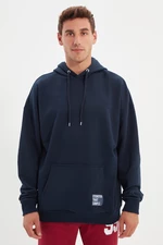 Trendyol Basic Navy Blue Oversize/Wide Cut Labeled Fleece Lined Cotton Sweatshirt
