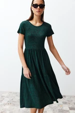Trendyol Dark Green Printed Printed Skater/Waisted Stretch Knitted Dress