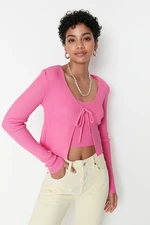 Trendyol Pink Crop Tie Detailed Blouse-Cardigan Knitwear Suit Knitwear Cardigan