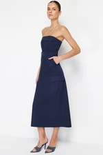 Trendyol Navy Blue Straight Cut Midi Strapless Pocket Detailed Gabardine Woven Dress