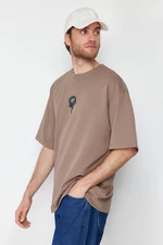 Trendyol Limited Edition Mink Oversize Snake Embroidered Thick Premium T-Shirt