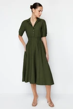 Trendyol Khaki A-line Shirt Collar Guiped Midi Woven Dress