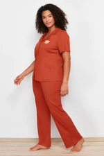 Trendyol Curve Cinnamon Embroidered Shirt Collar Knitted Pajamas Set