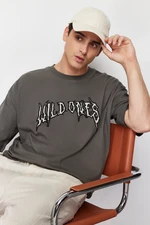 Trendyol Anthracite Oversize Special Embroidered 100% Cotton T-Shirt