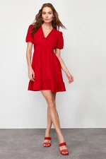 Trendyol Red Waist V-Neck Bow Detailed Mini Woven Dress