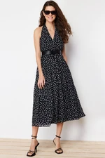 Trendyol Black Belt Polka Dot Chiffon Lining Waist Opening Midi Woven Dress