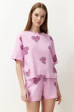 Trendyol Pink-Multicolor 100% Cotton Heart Knitted Pajamas Set