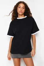 Trendyol Black 100% Cotton Contrast Collar and Stripe Detailed Oversize/Relaxed Cut Knitted T-Shirt