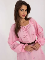 Pink openwork casual blouse in boho style